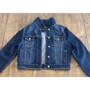 Maurices Short Denim Jacket Large Youth Button Front Dark Blue Jean Jacket